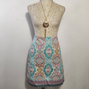 Talbots Women's Size 4 Pink Teal Medallion Lined Cotton Blend Mini Skirt Casual